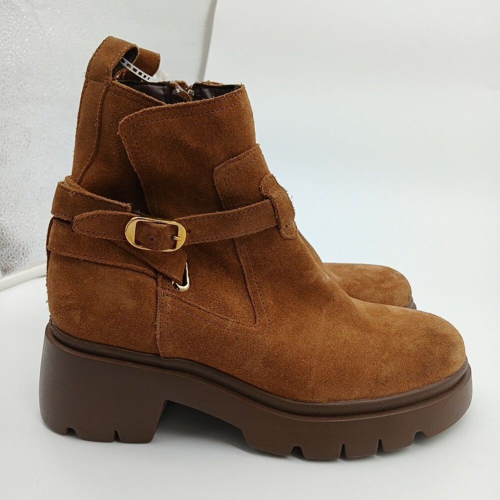 Steve Madden Coletta Lug Sole Tan Suede Buckle Ankle Booties Size 7 - Picture 3 of 10